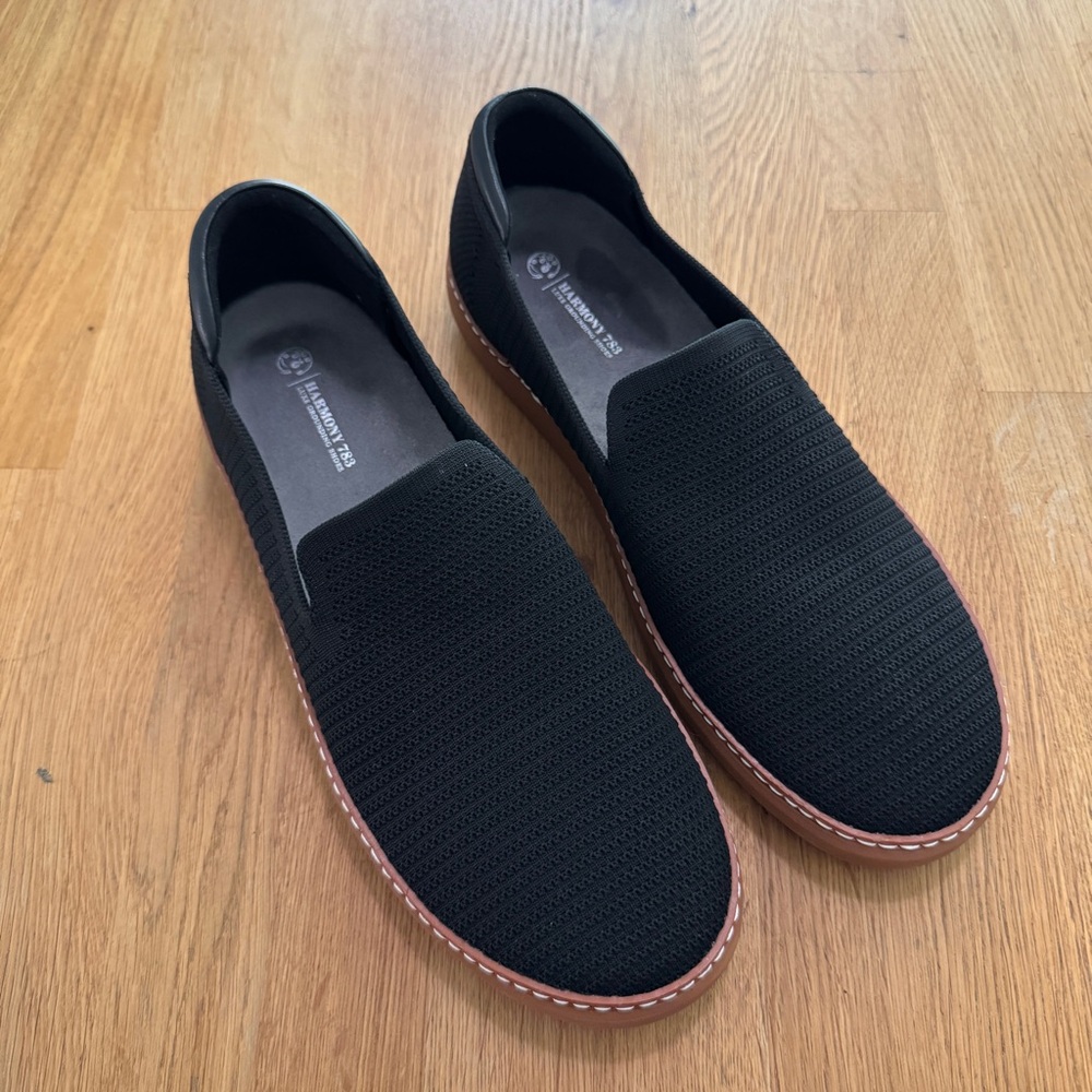 Harmony 783 Grounding Slip On Shoes in Black & Cognac Bamboo Knit W 13.5 M 12